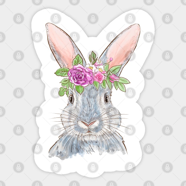 Cute Bunny with Floral Crown Illustration Sticker by denizko